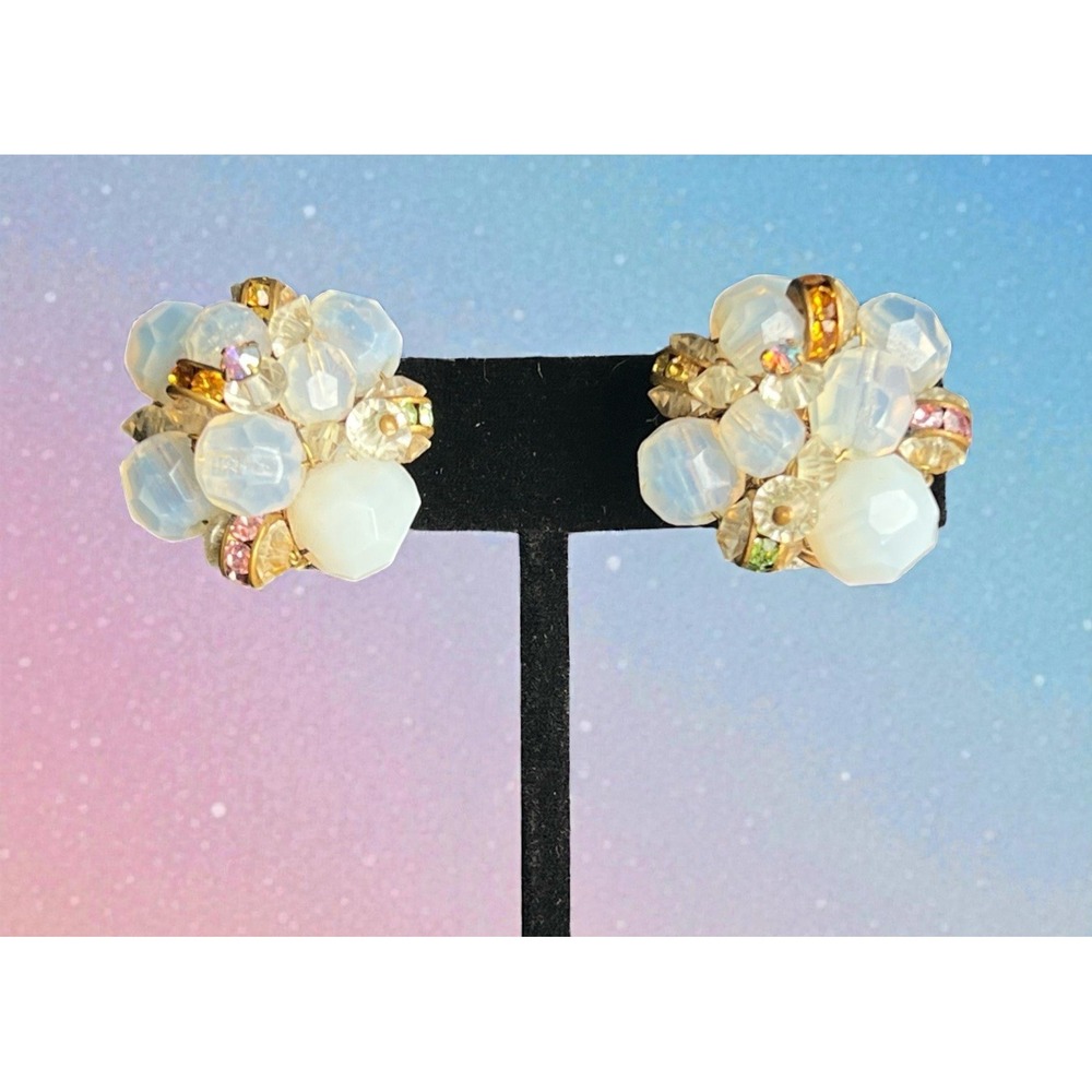 VTG 50s Opaline Givre Glass Cluster Earrings AB Crystal Multicolor Rhinestones